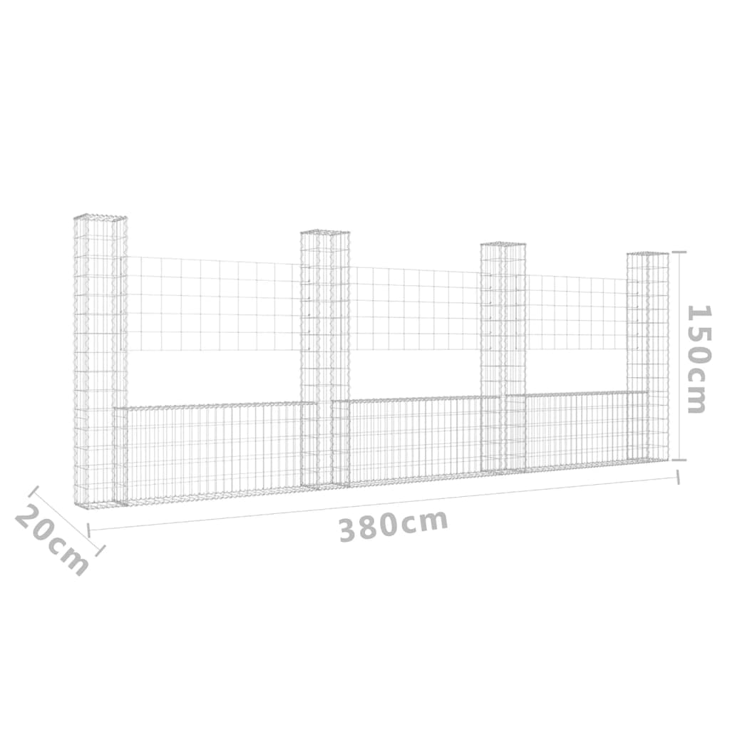 Gabionenkorb U-Form mit 4 Säulen Eisen 380x20x150 cm