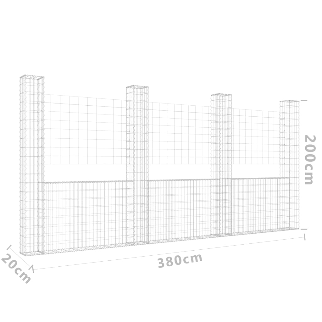 Gabionenkorb U-Form mit 4 Säulen Eisen 380x20x200 cm