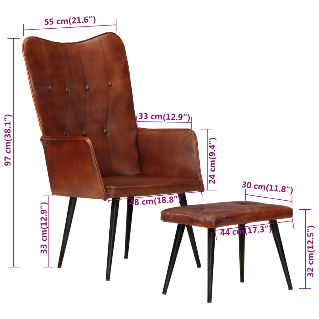 Ohrensessel mit Hocker Braun Echtleder