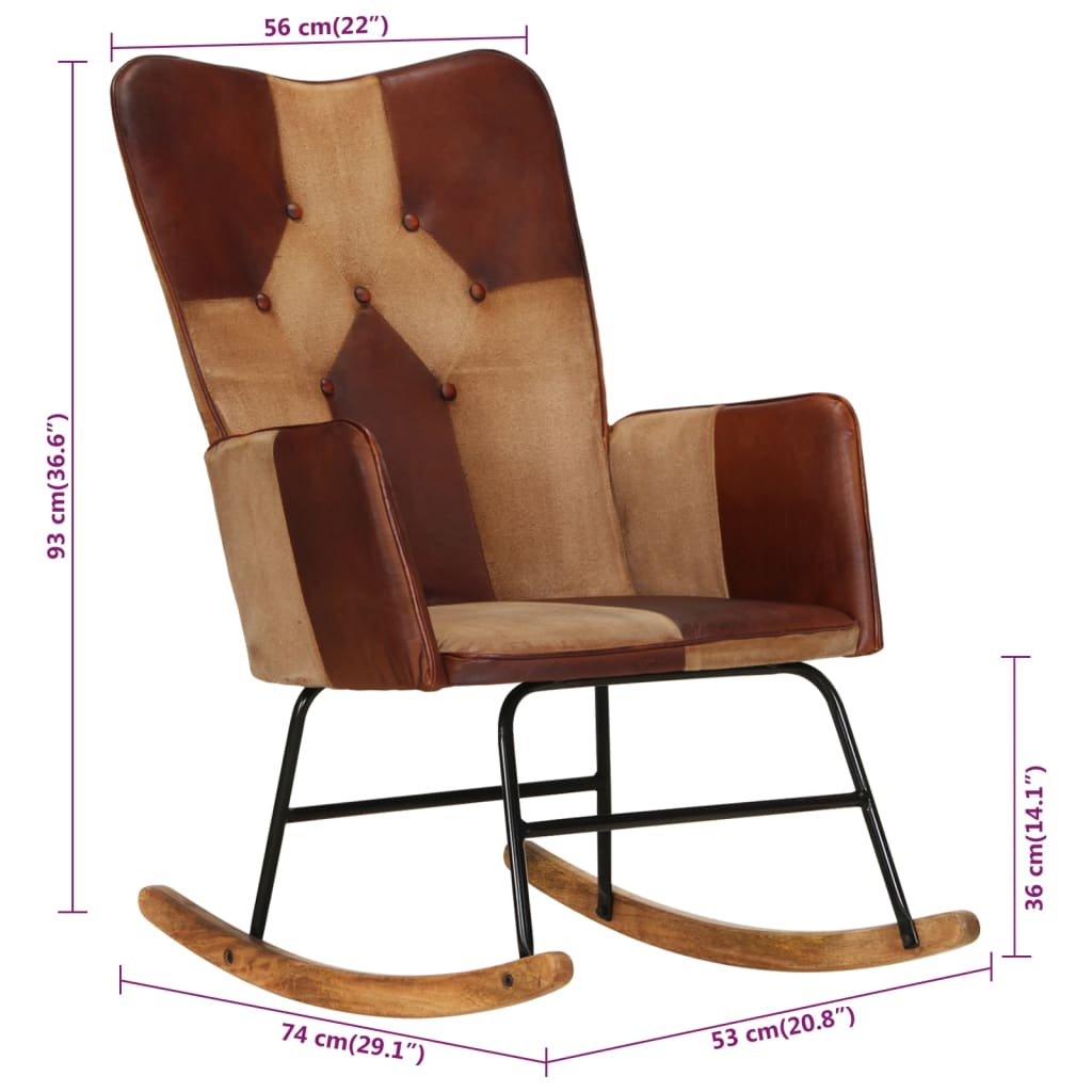 Schaukelstuhl Braun Echtleder und Canvas