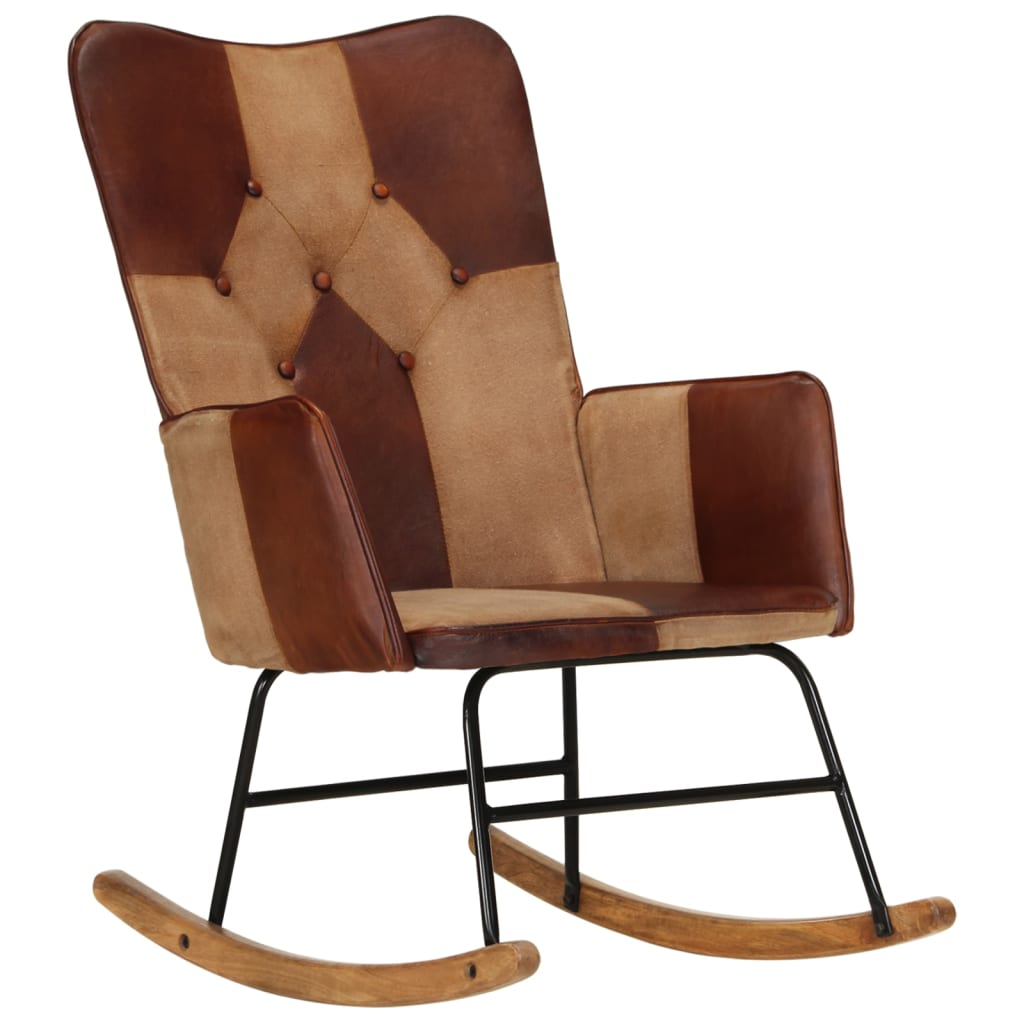 Schaukelstuhl Braun Echtleder und Canvas