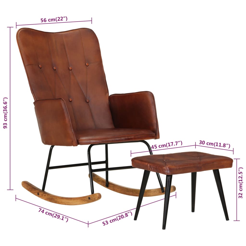 Schaukelstuhl mit Hocker Braun Echtleder