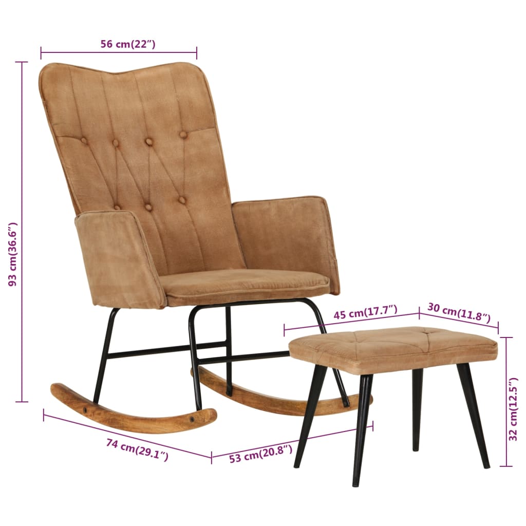 Schaukelstuhl mit Hocker Braun Vintage Canvas