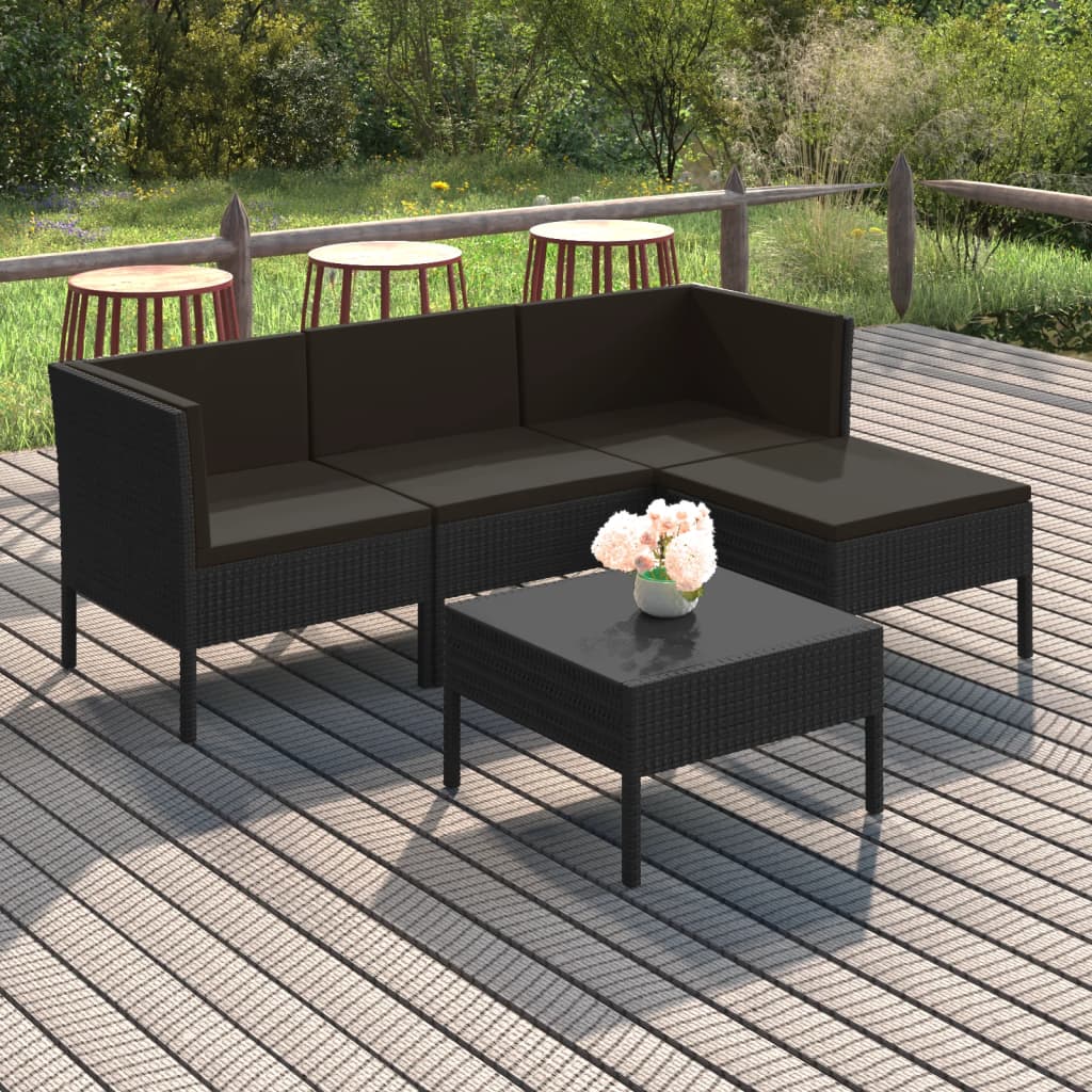 5-tlg. Garten-Lounge-Set mit Auflagen Poly Rattan Schwarz