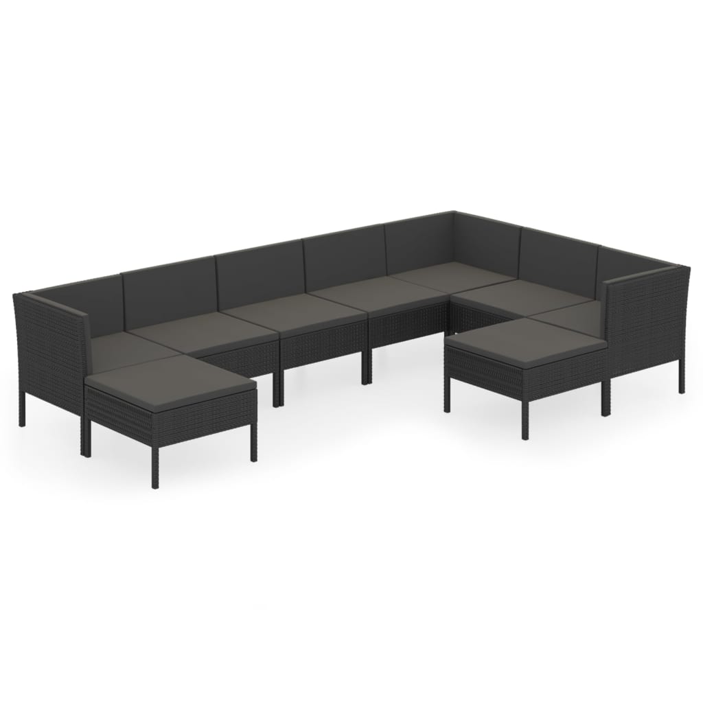 9-tlg. Garten-Lounge-Set mit Auflagen Poly Rattan Schwarz