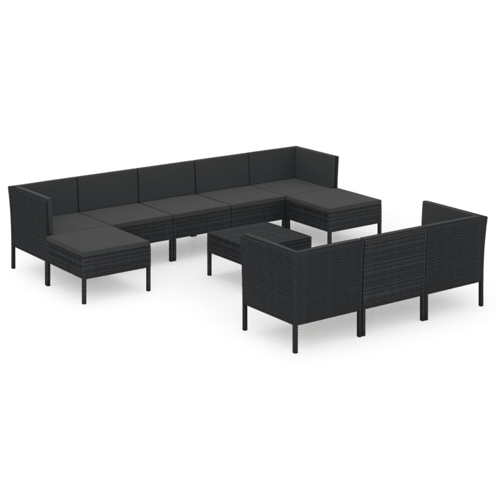 11-tlg. Garten-Lounge-Set mit Auflagen Poly Rattan Schwarz
