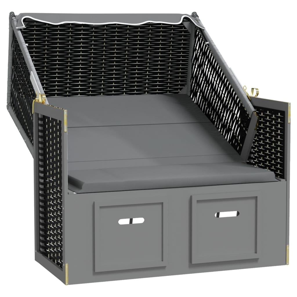 Strandkorb mit Dach Poly Rattan & Massivholz Anthrazit Schwarz