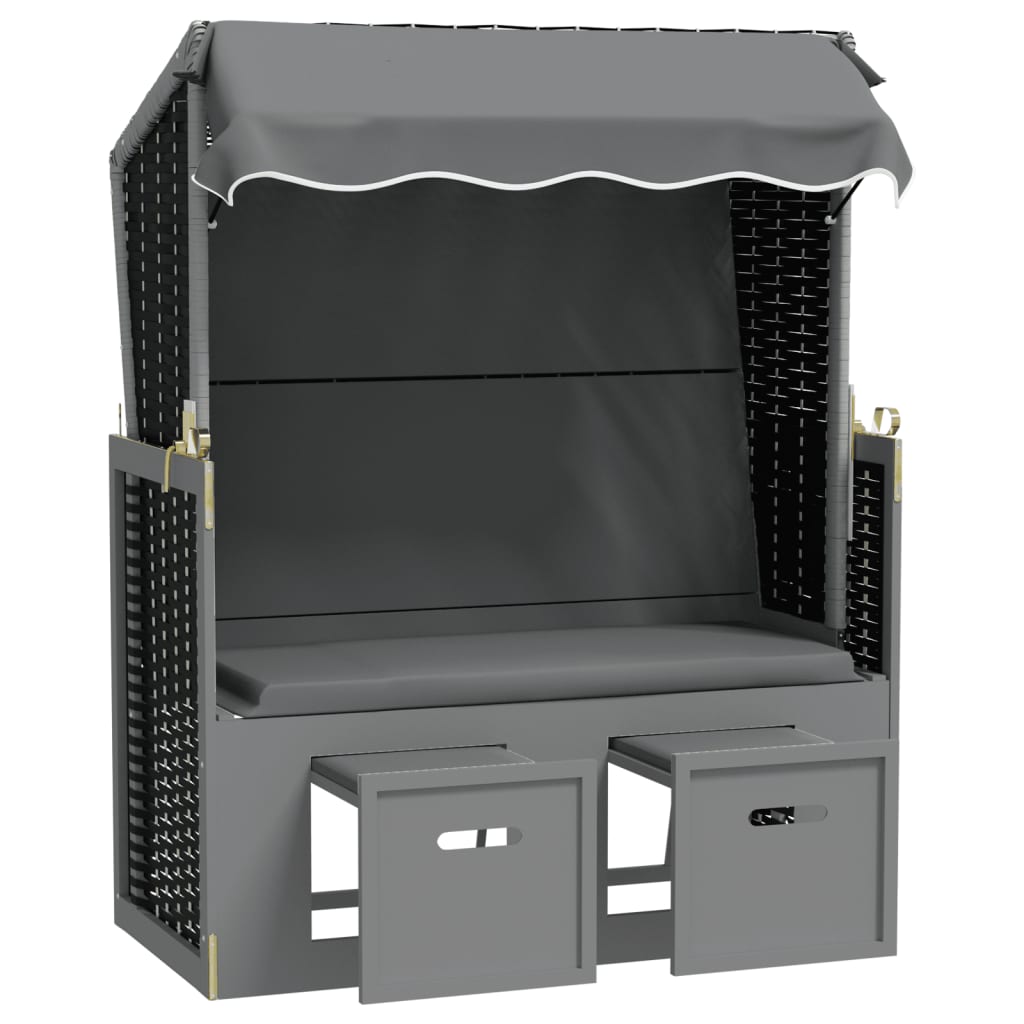 Strandkorb mit Dach Poly Rattan & Massivholz Anthrazit Schwarz