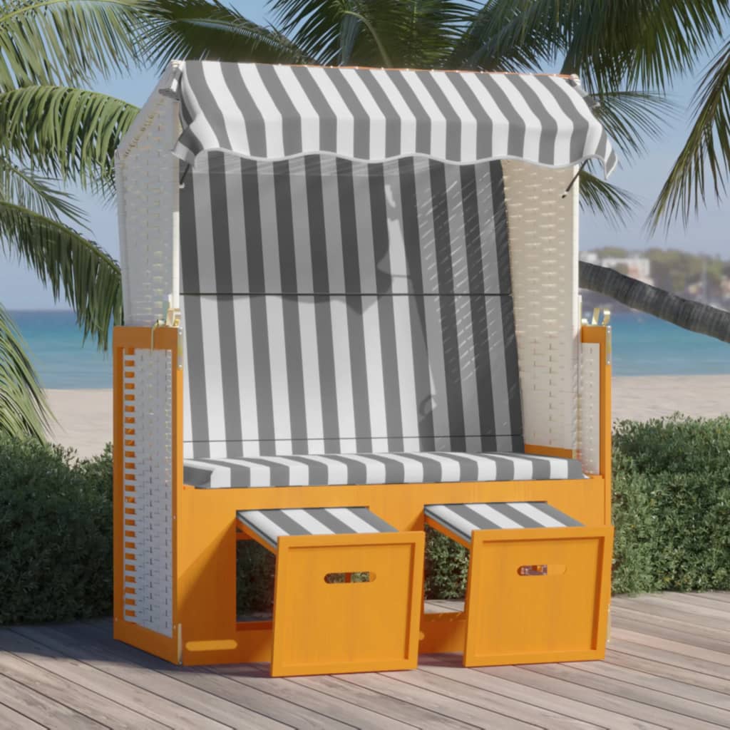 Strandkorb mit Dach Poly Rattan und Massivholz Weiß & Grau
