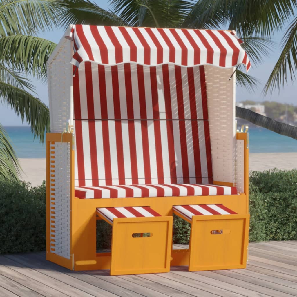 Strandkorb mit Dach Poly Rattan und Massivholz Rot & Weiß
