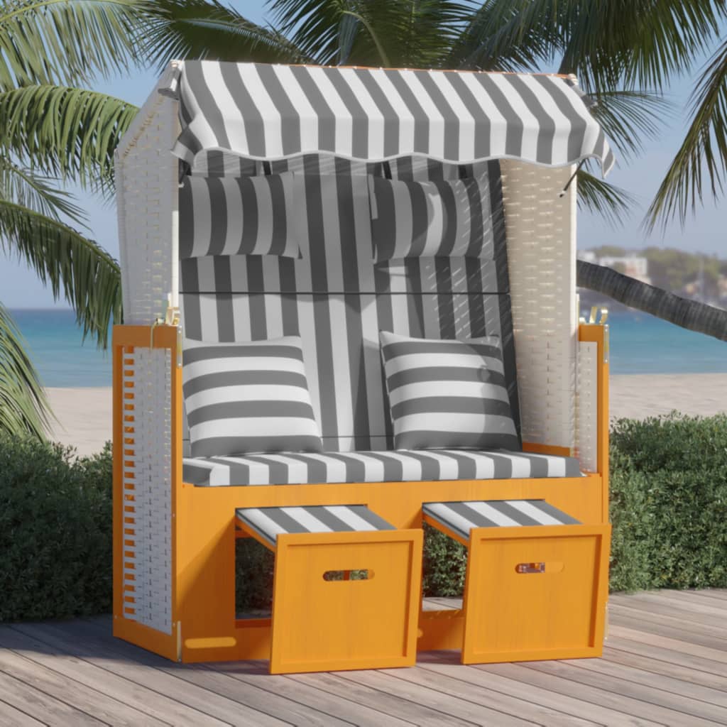 Strandkorb mit Kissen Poly Rattan und Massivholz Weiß & Grau