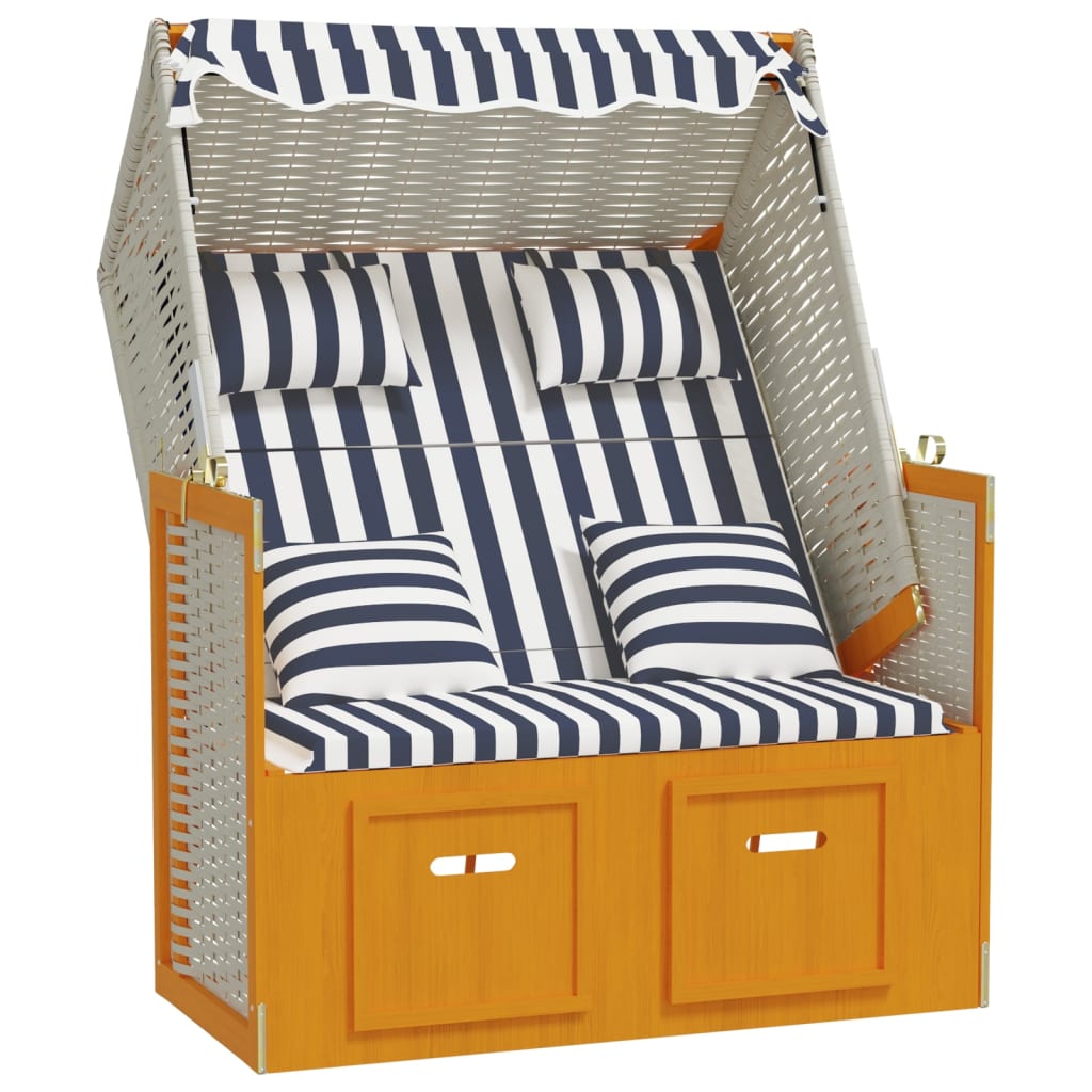 Strandkorb mit Kissen Poly Rattan und Massivholz Weiß & Blau