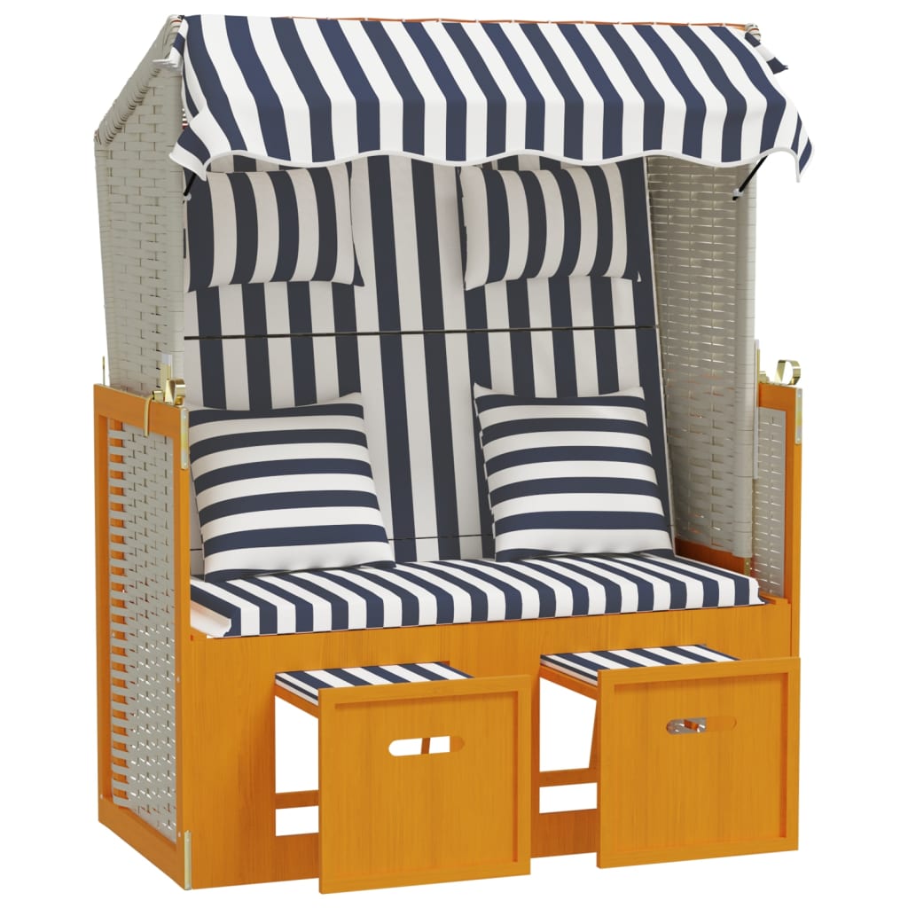 Strandkorb mit Kissen Poly Rattan und Massivholz Weiß & Blau