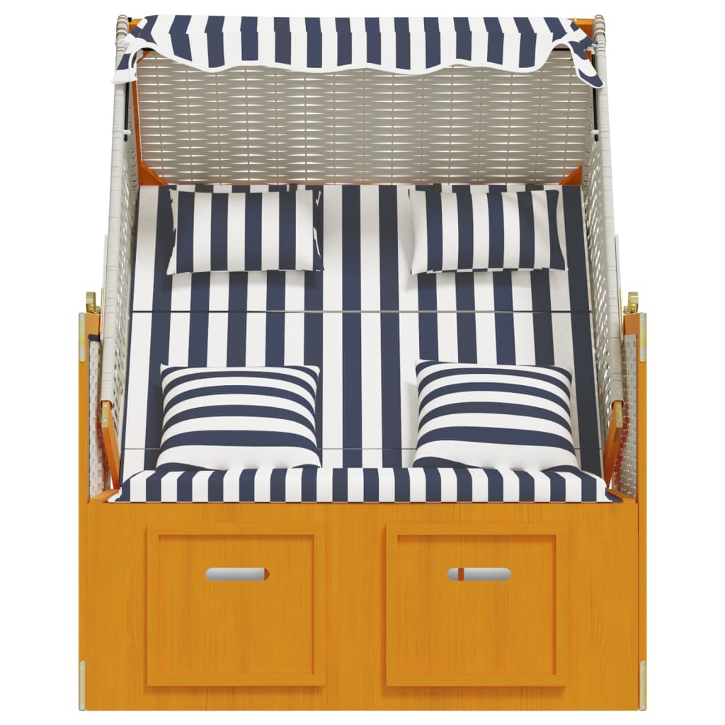 Strandkorb mit Kissen Poly Rattan und Massivholz Weiß & Blau