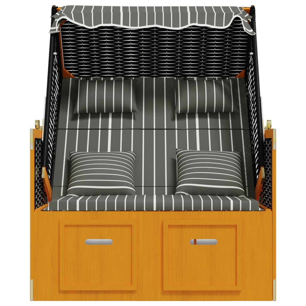 Strandkorb mit Kissen Poly Rattan und Massivholz Schwarz & Grau