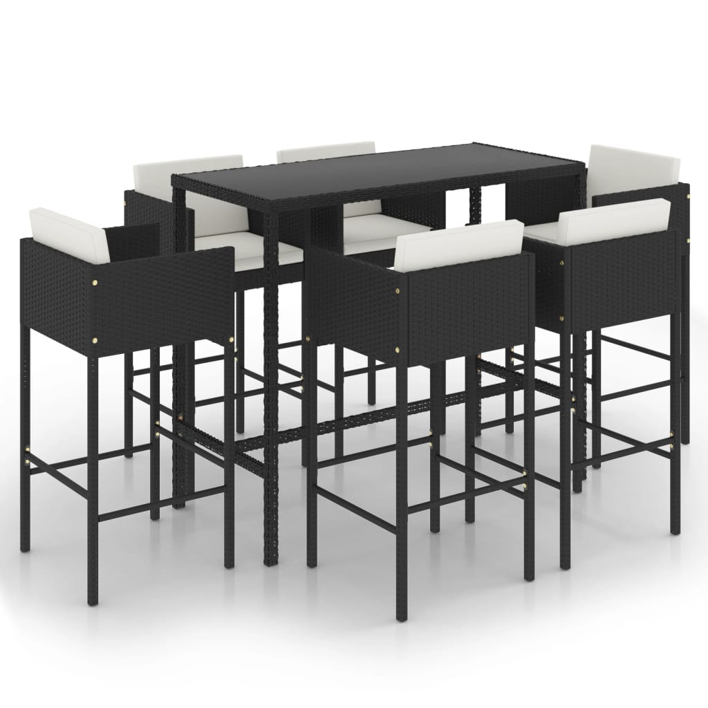 7-tlg. Gartenbar-Set mit Kissen Poly Rattan Schwarz