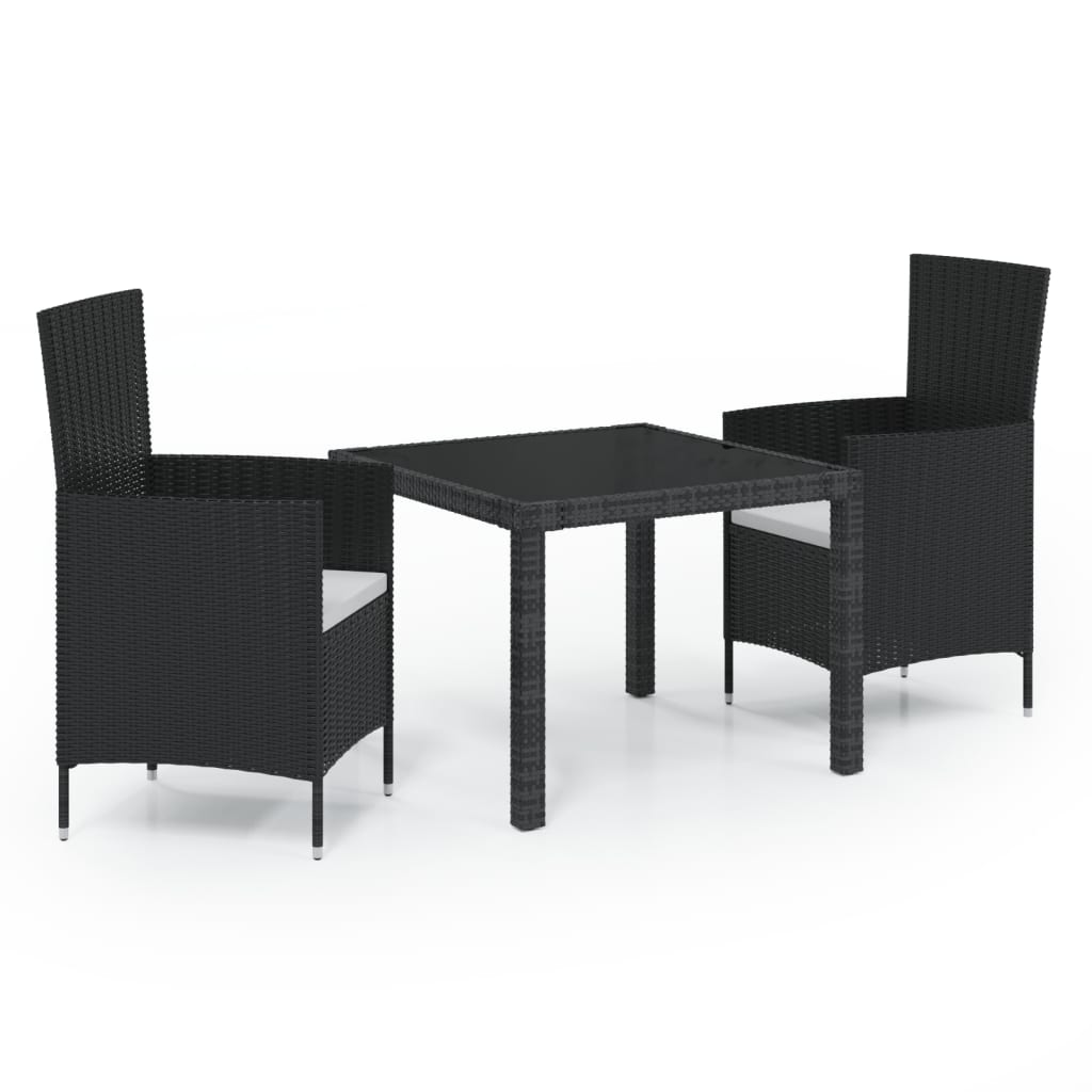 3-tlg. Garten-Essgruppe mit Auflagen Poly Rattan Schwarz