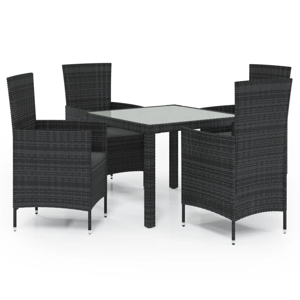 5-tlg. Garten-Essgruppe mit Auflagen Poly Rattan Schwarz