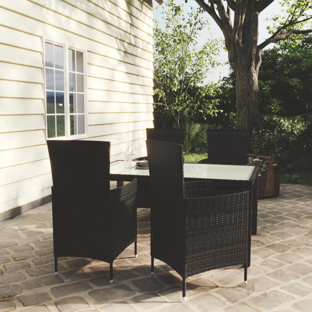 5-tlg. Garten-Essgruppe mit Auflagen Poly Rattan Schwarz