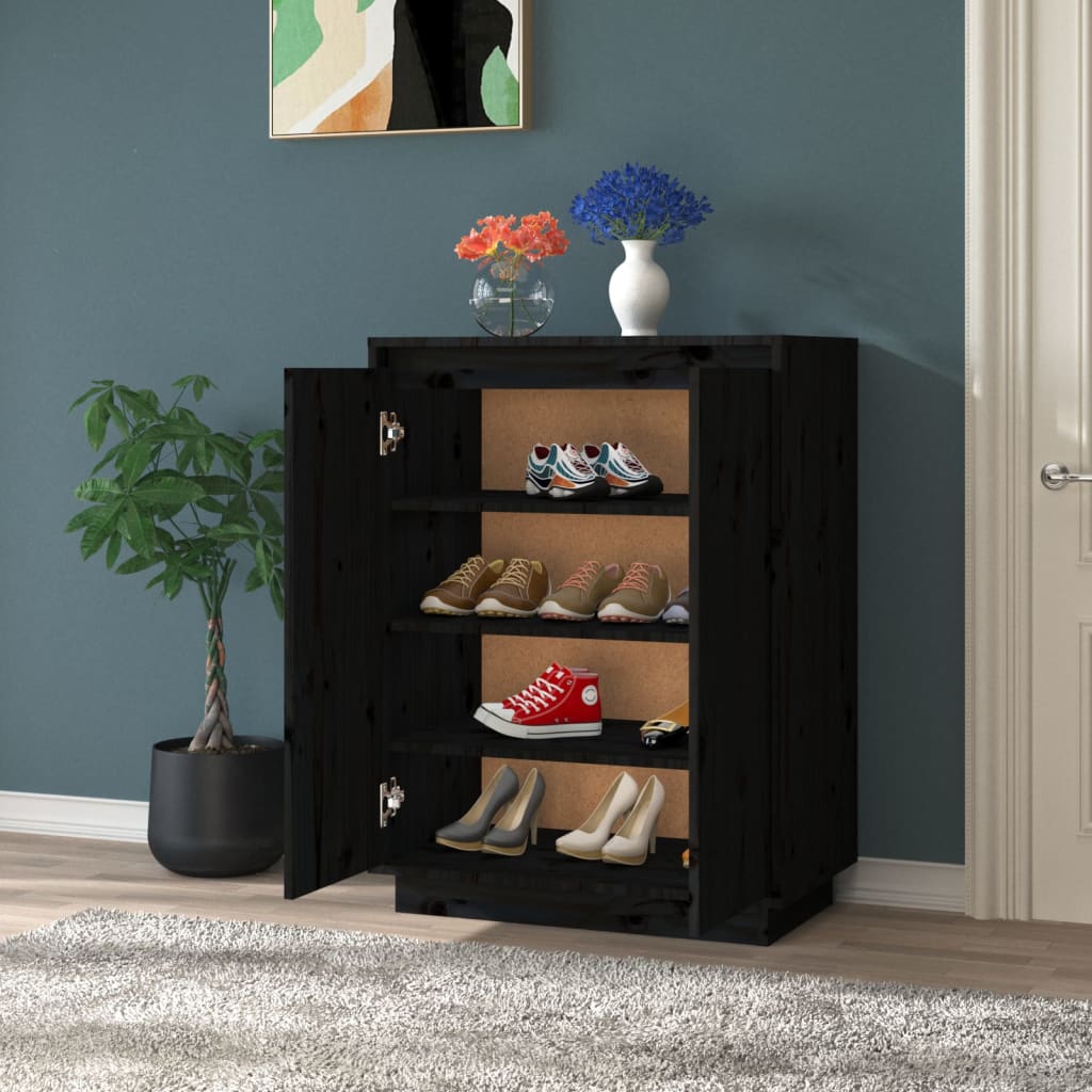 Schuhschrank Schwarz 60x35x80 cm Massivholz Kiefer