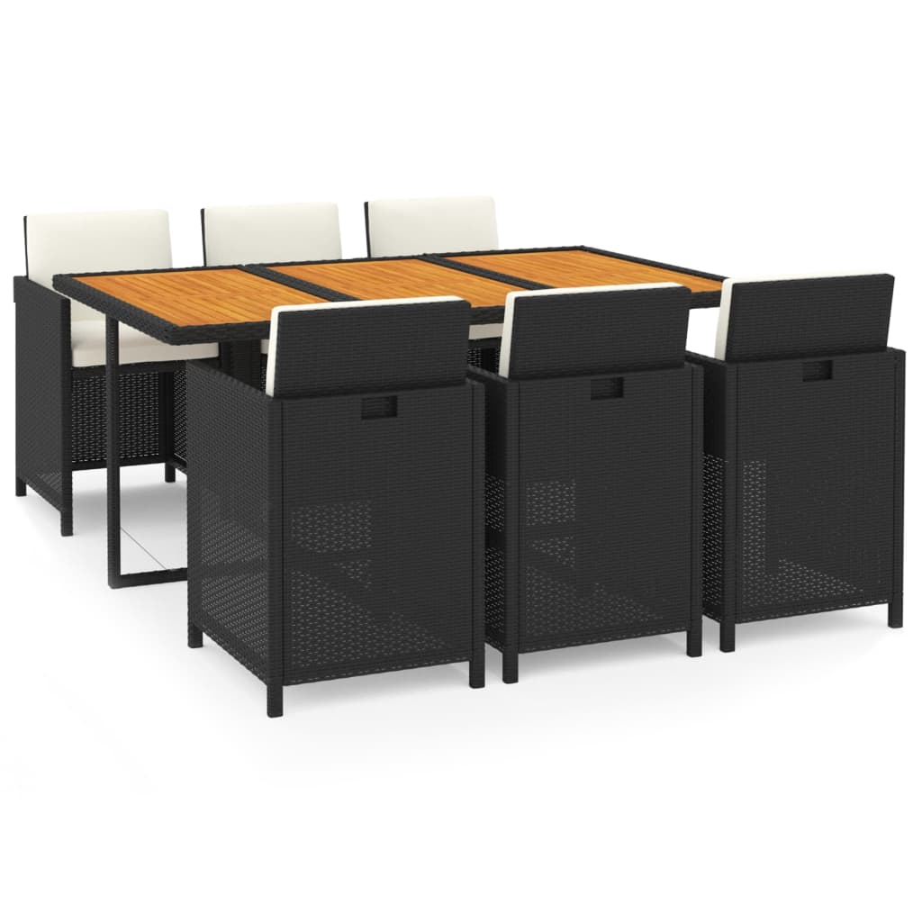 7-tlg. Garten-Essgruppe mit Kissen Poly Rattan Schwarz