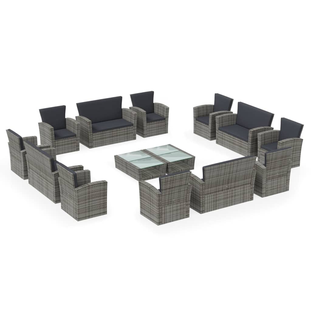 16-tlg. Garten-Lounge-Set mit Auflagen Poly Rattan Grau