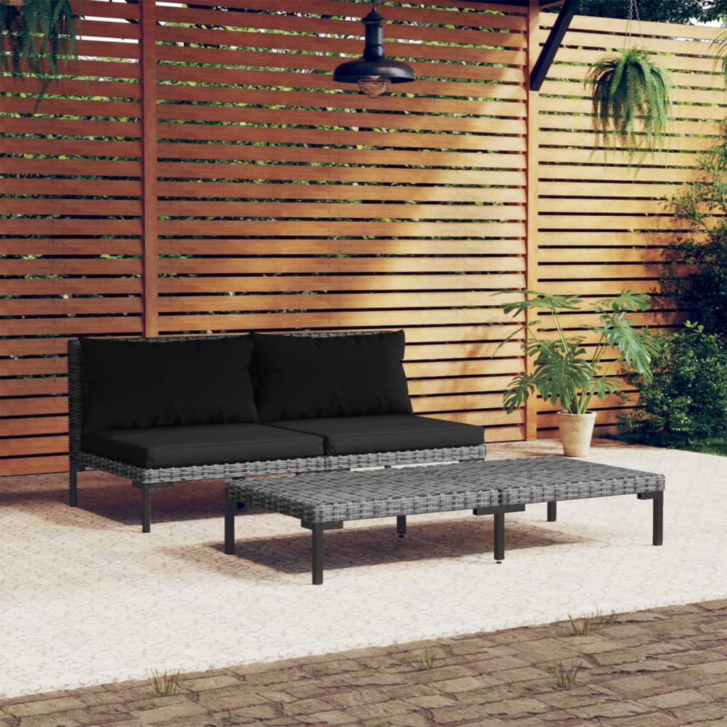 3-tlg. Garten-Lounge-Set Dunkelgrau Halbrundes Poly Rattan