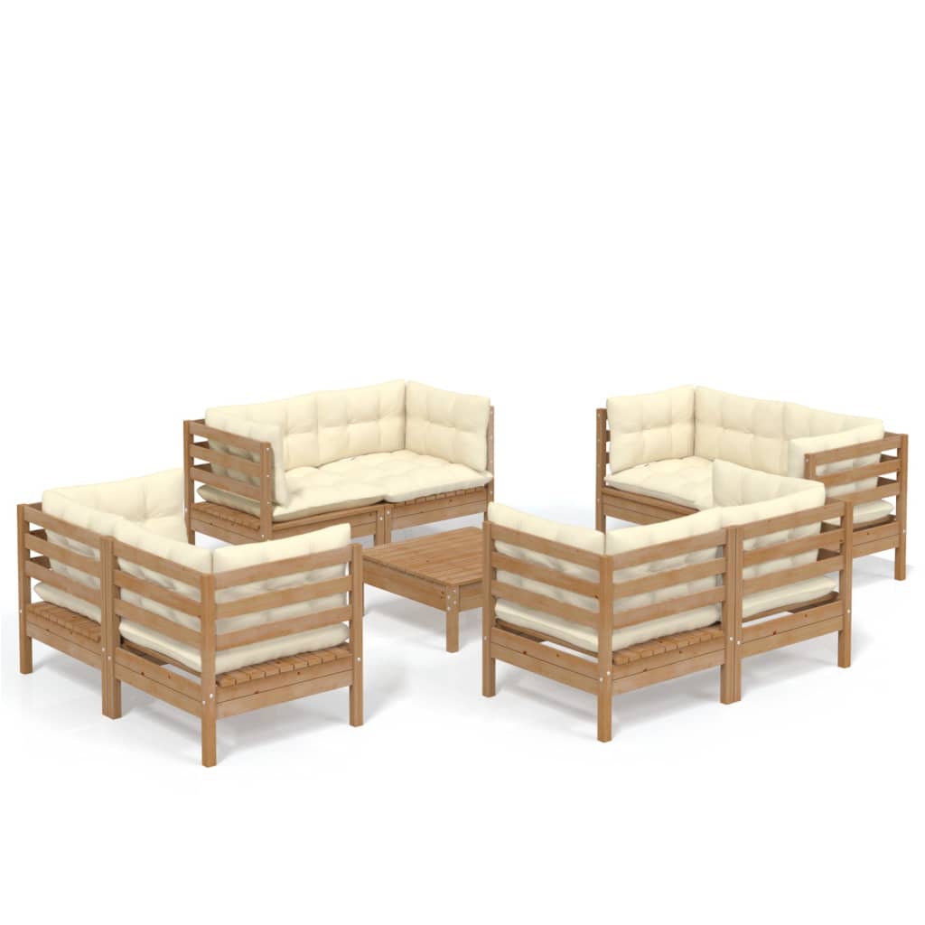 9-tlg. Garten-Lounge-Set mit Creme Kissen Kiefernholz
