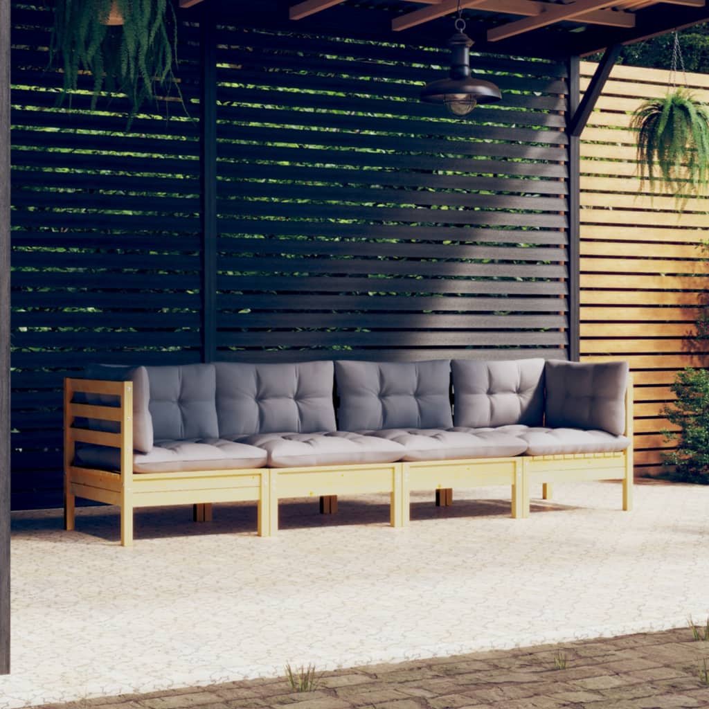 4-tlg. Garten-Lounge-Set mit Grauen Kissen Kiefer Massivholz