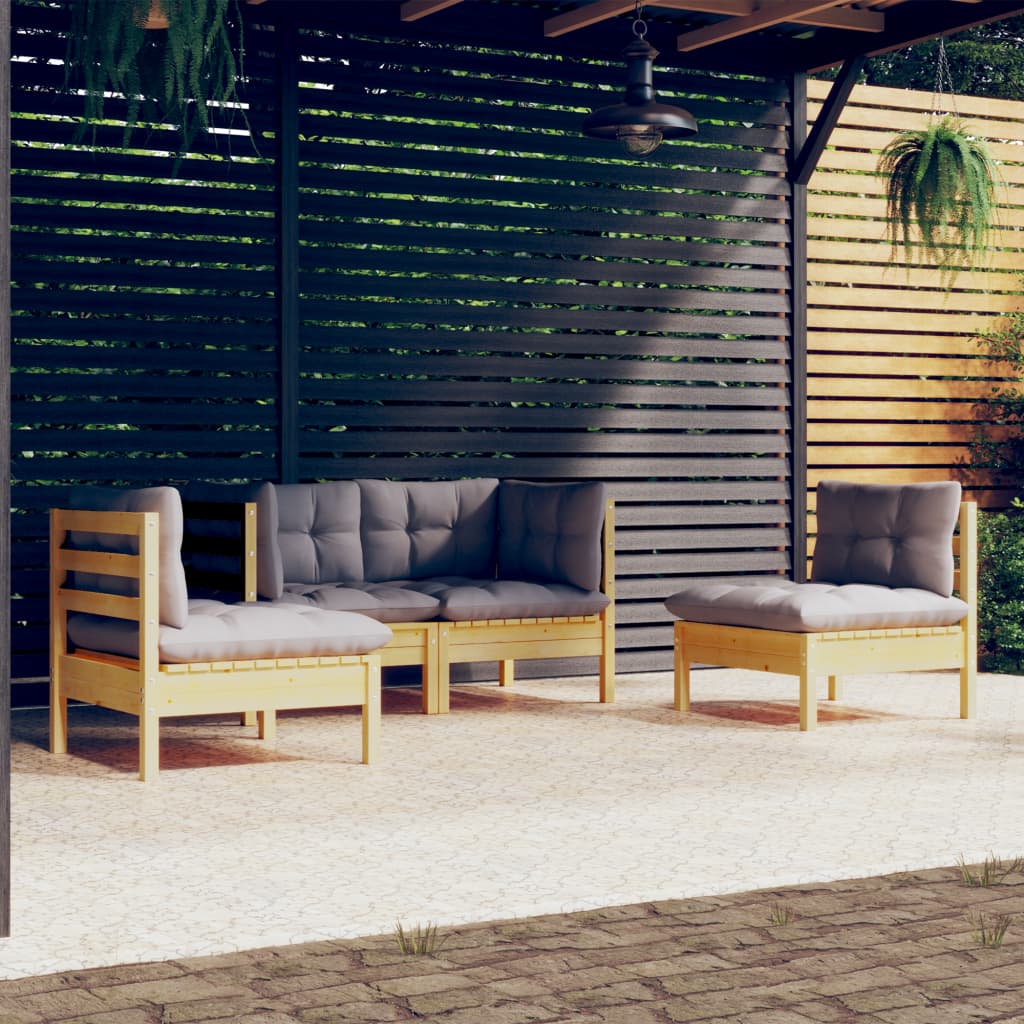 4-tlg. Garten-Lounge-Set mit Grauen Kissen Kiefer Massivholz