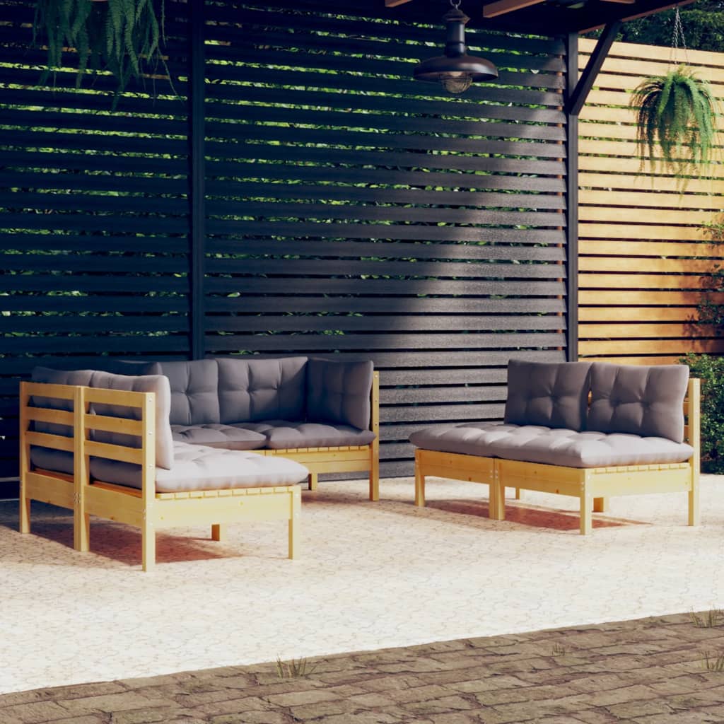 6-tlg. Garten-Lounge-Set mit Grauen Kissen Kiefer Massivholz