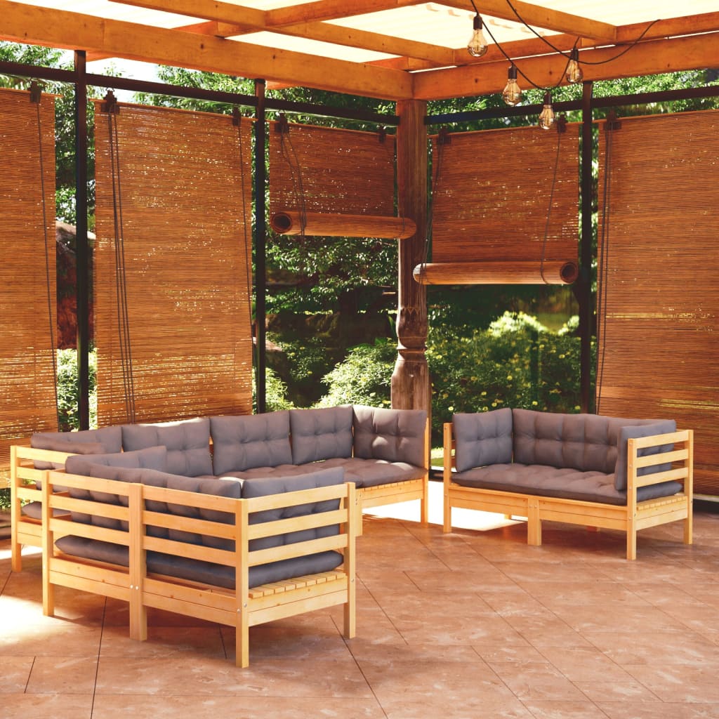 8-tlg. Garten-Lounge-Set mit Grauen Kissen Kiefer Massivholz