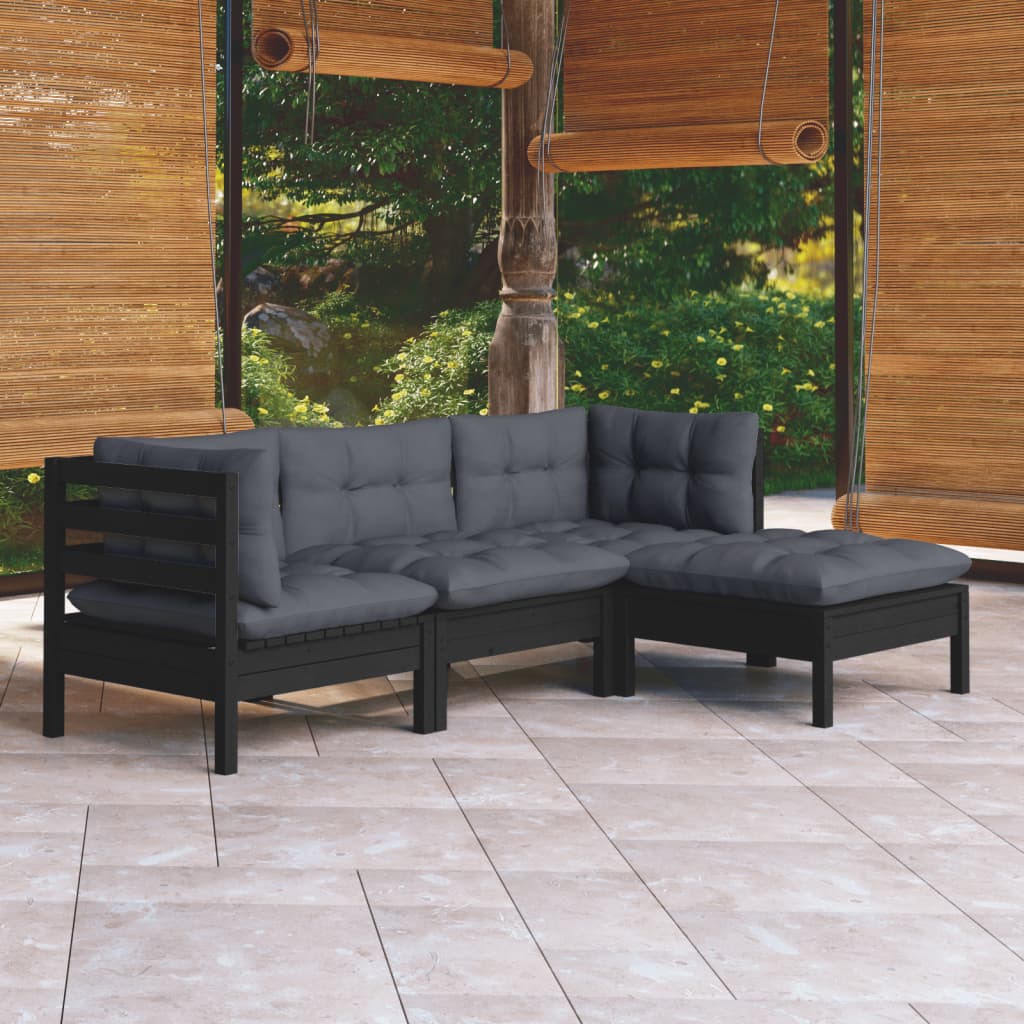4-tlg. Garten-Lounge-Set mit Kissen Schwarz Kiefernholz