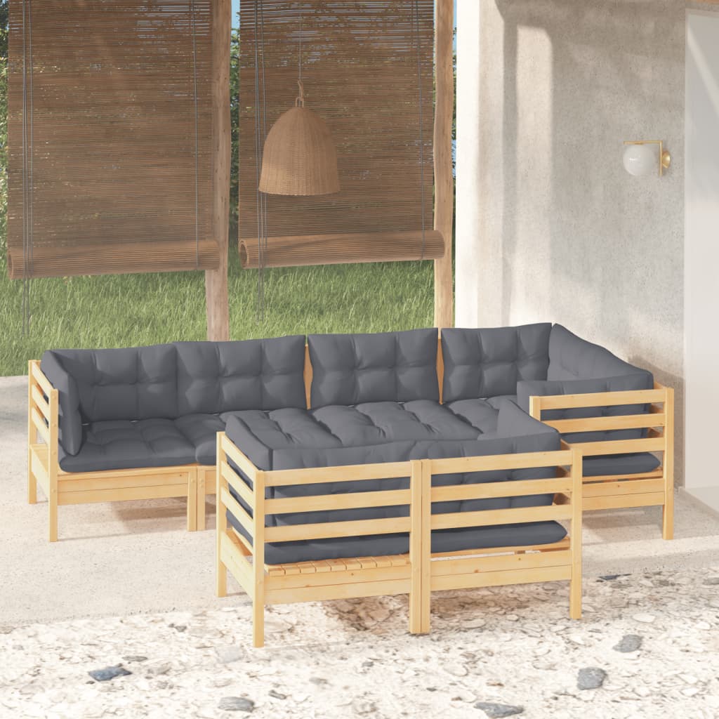 7-tlg. Garten-Lounge-Set mit Grauen Kissen Kiefer Massivholz