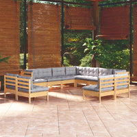 Thumbnail for 11-tlg. Garten-Lounge-Set mit Grauen Kissen Massivholz Kiefer