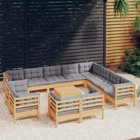 Thumbnail for 13-tlg. Garten-Lounge-Set mit Grauen Kissen Massivholz Kiefer
