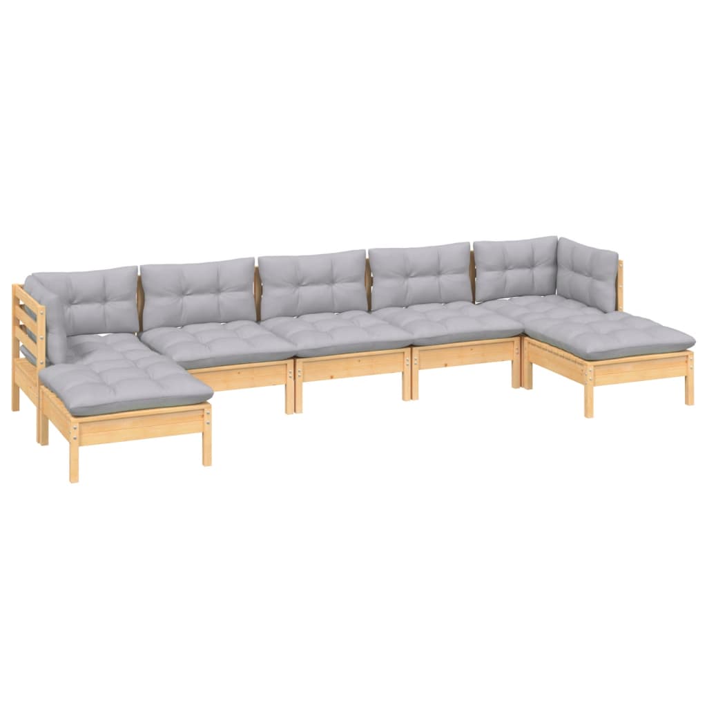 7-tlg. Garten-Lounge-Set mit Grauen Kissen Kiefernholz