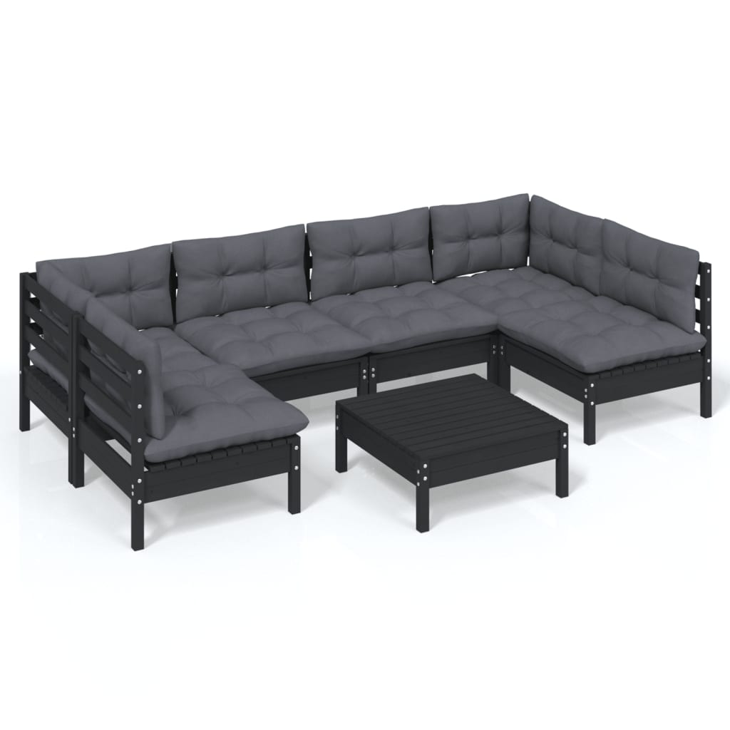 7-tlg. Garten-Lounge-Set mit Kissen Schwarz Kiefer Massivholz