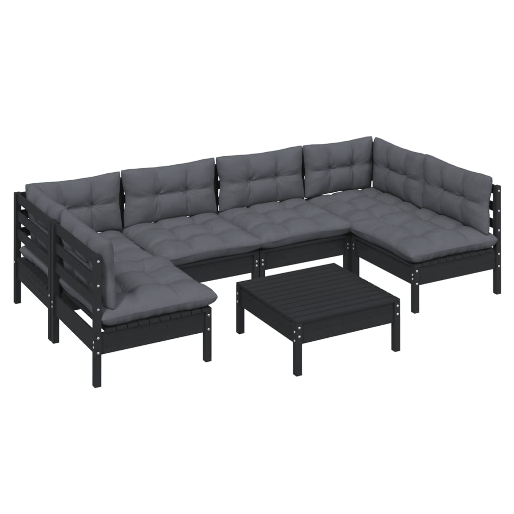 7-tlg. Garten-Lounge-Set mit Kissen Schwarz Kiefer Massivholz