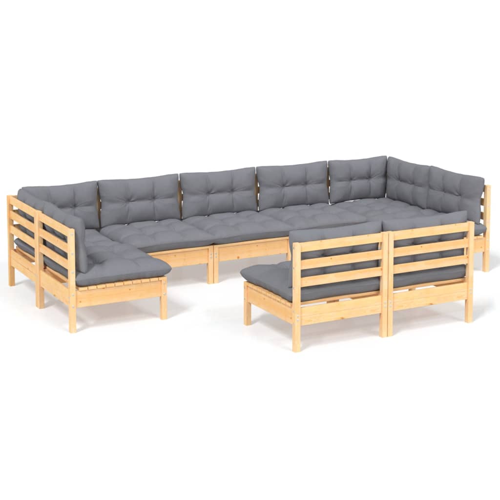 9-tlg. Garten-Lounge-Set mit Grauen Kissen Kiefer Massivholz