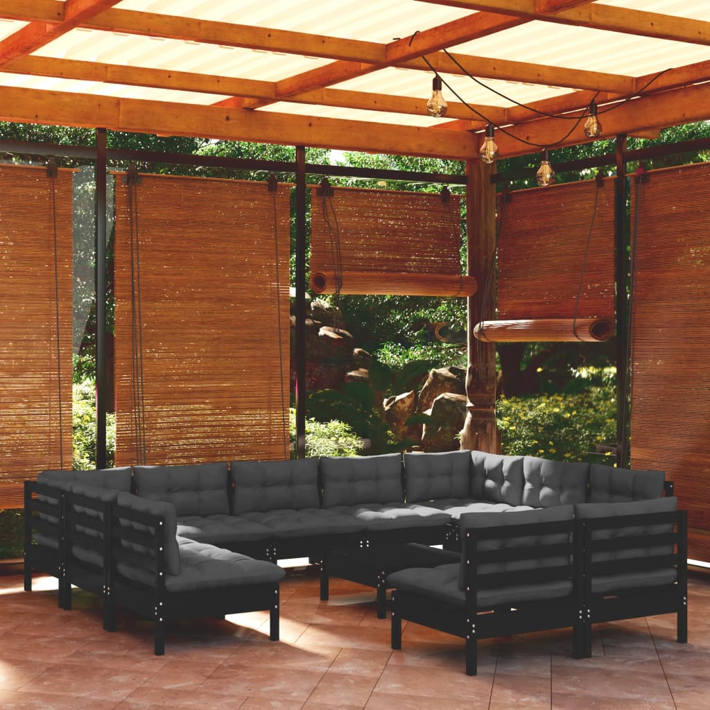 12-tlg. Garten-Lounge-Set mit Kissen Schwarz Massivholz Kiefer