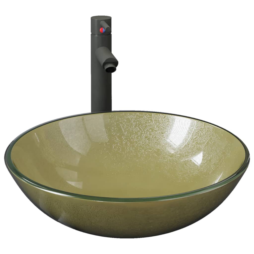 Badezimmer Waschbecken mit Wasserhahn und Ablaufgarnitur Gold gehärtetes Glas