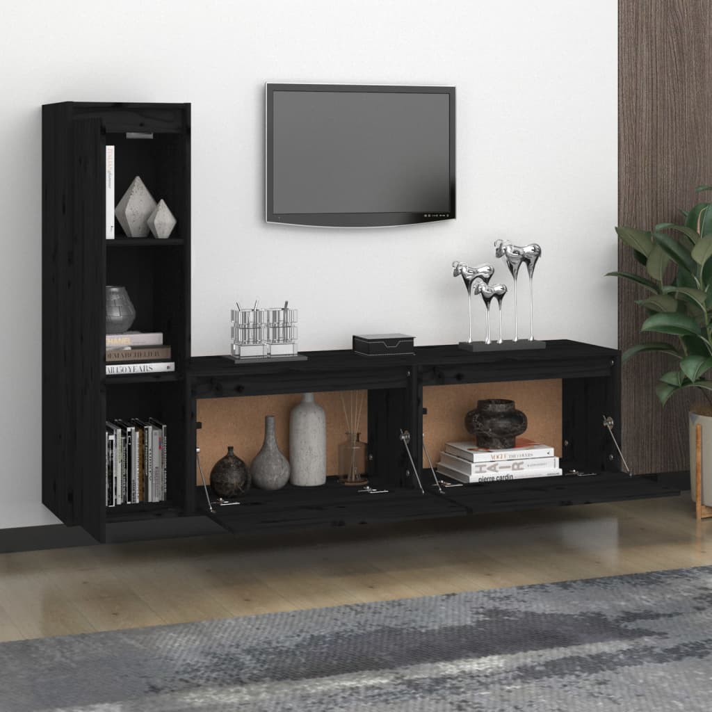 TV-Schränke 3 Stk. Schwarz Massivholz Kiefer