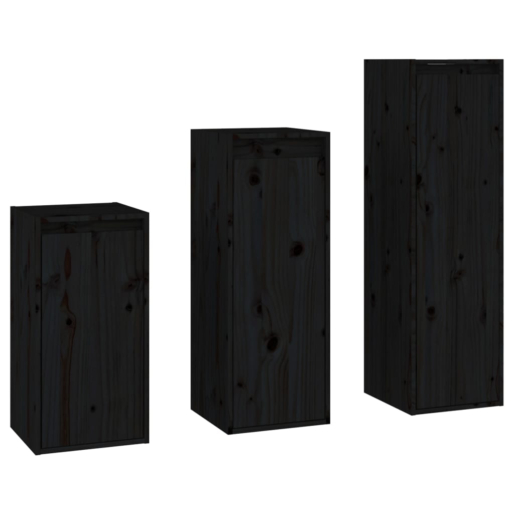 TV-Schränke 3 Stk. Schwarz Massivholz Kiefer