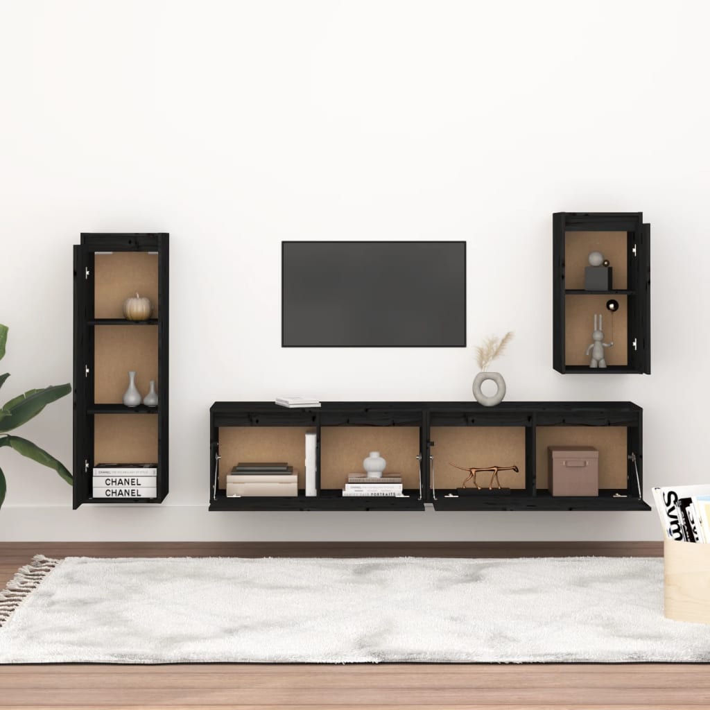 TV-Schränke 4 Stk. Schwarz Massivholz Kiefer