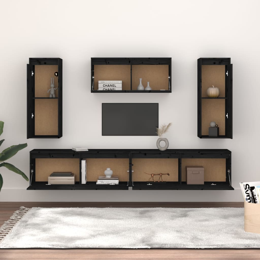 TV-Schränke 5 Stk. Schwarz Massivholz Kiefer
