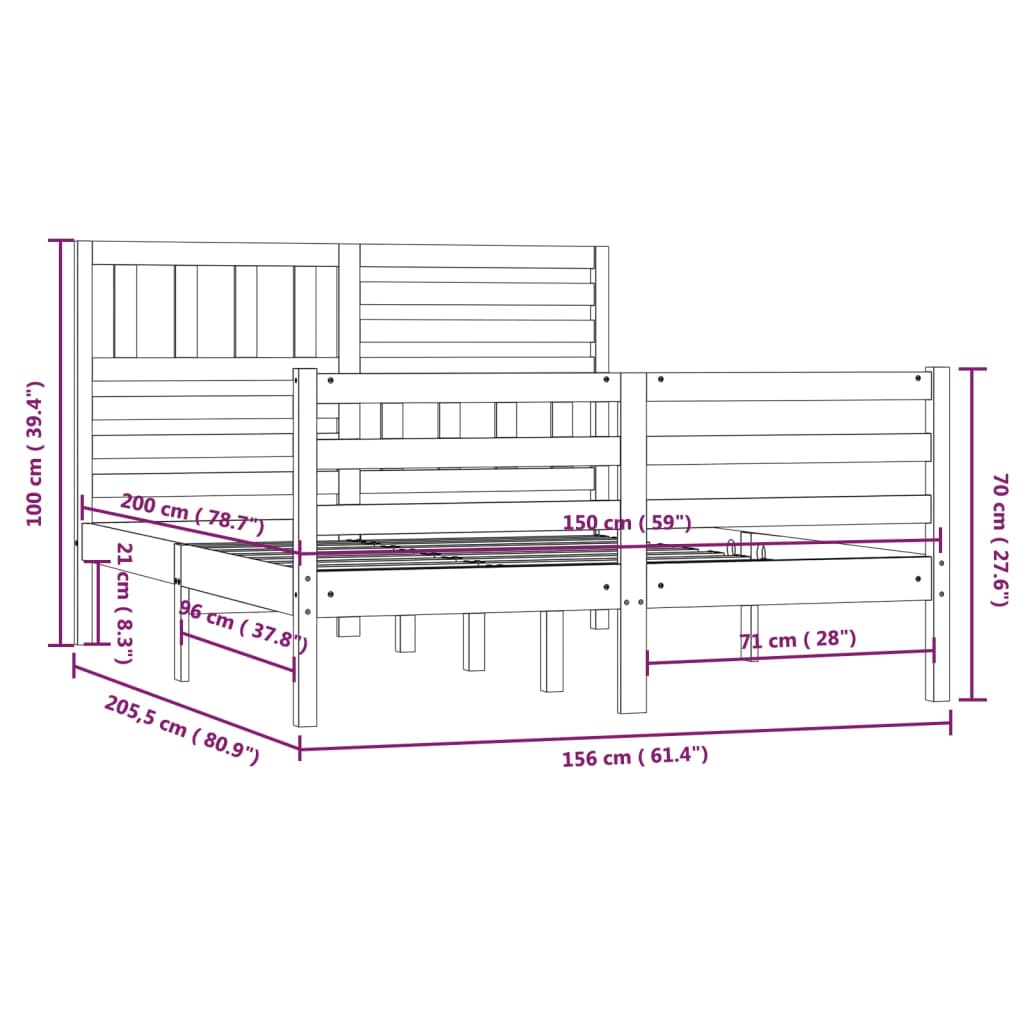 Massivholzbett Grau 150x200 cm 5FT King Size