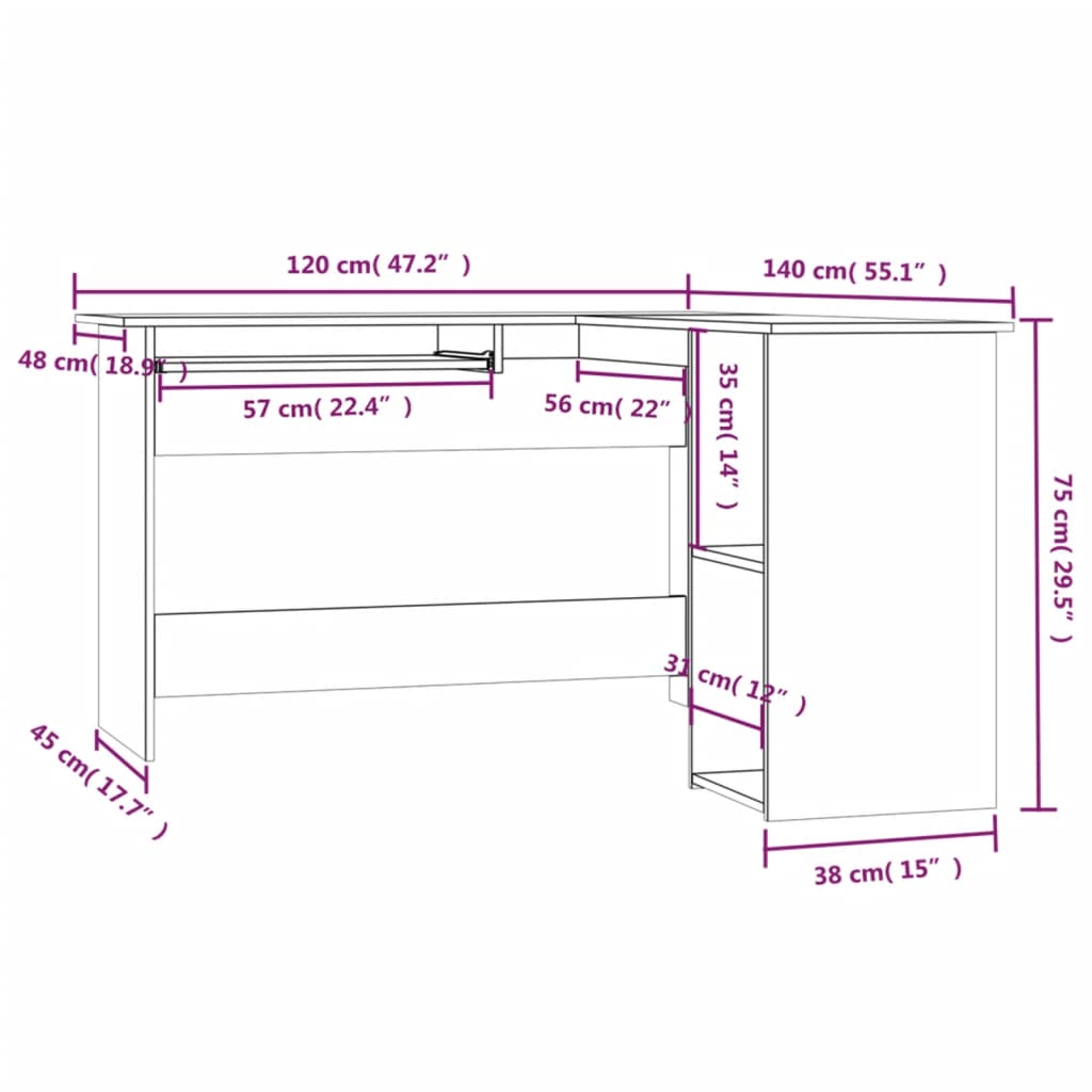 Eckschreibtisch Grau Sonoma 120x140x75 cm Holzwerkstoff