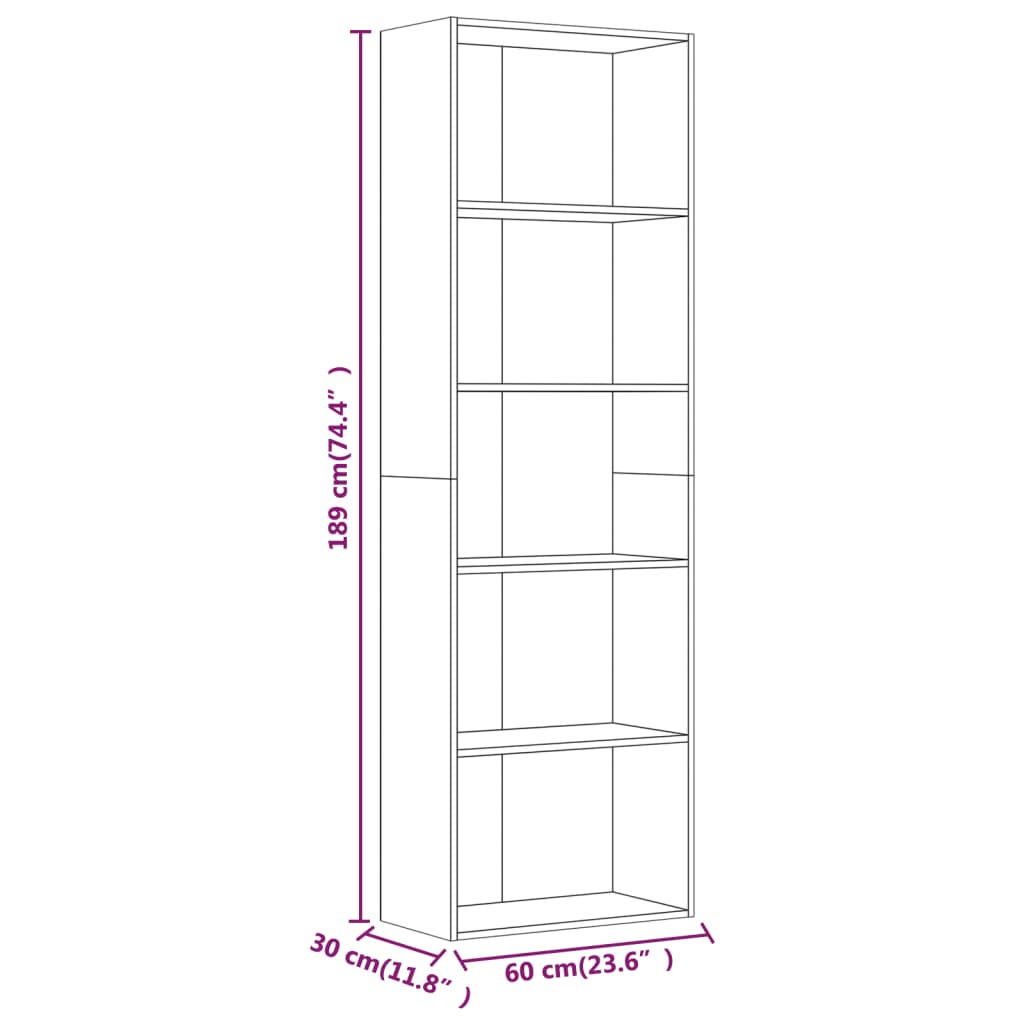 Bücherregal 5 Fächer Grau Sonoma 60x30x189 cm Holzwerkstoff