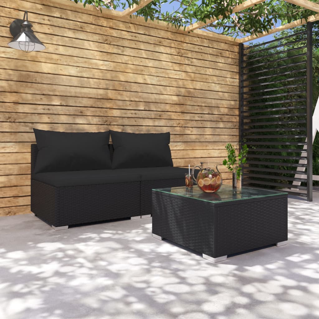 3-tlg. Garten-Lounge-Set mit Kissen Poly Rattan Schwarz